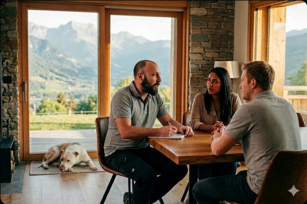 L'image montre un éducateur comportementaliste entrain de pratiqué un bilan comportemental pour un couple avec un chien.