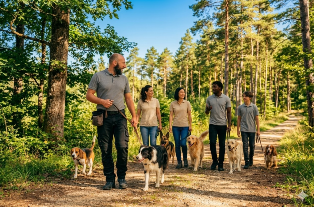 L'image montre une balade canine collective suppervisé par un éducateur canin professionnel