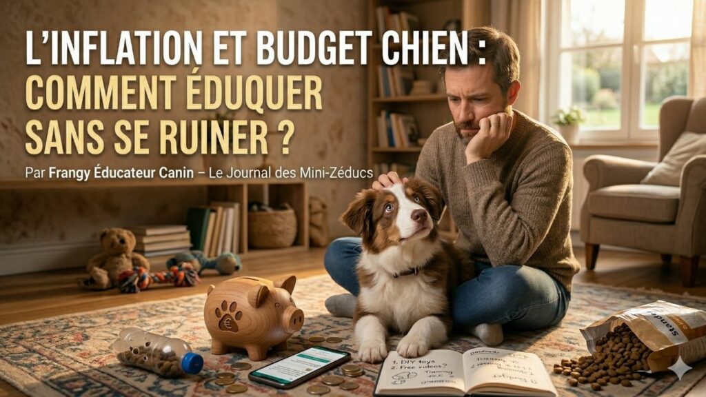 Homme pensif calculant son budget avec son chien Berger Australien