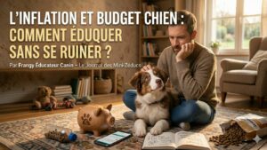 Homme pensif calculant son budget avec son chien Berger Australien