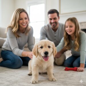 Adoption d'un chiot, un premier jour bien entouré.