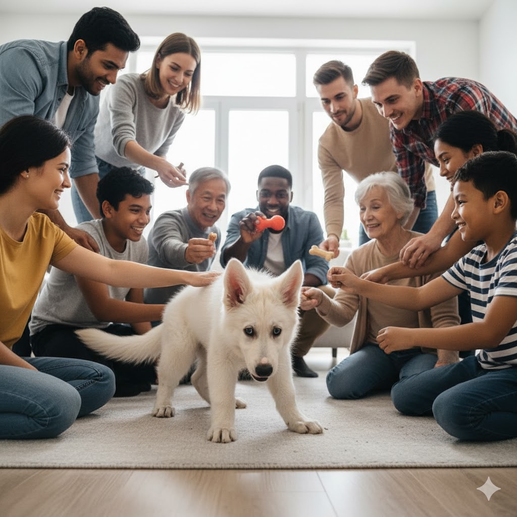 Un chiot entouré de plusieurs humains voulant le caresser, le chiot montre des signes d'inconfort.