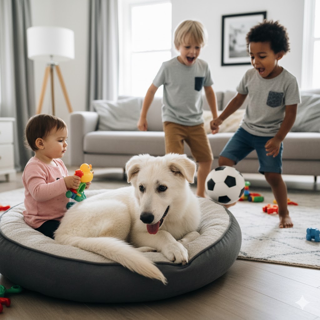 Un chiot de 8 mois dans son panier entouré d'enfants qui jouent sans respecter les besoins de repos et de distance du chiot