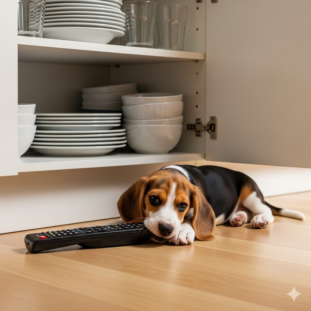 Un chiot entrain de machouiller les affaire de ses propriétaires