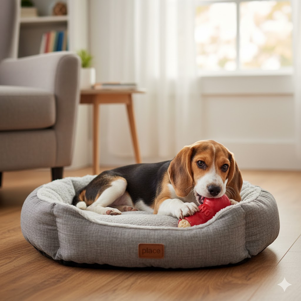Un chiot couché calmement dans son panier, il mastique un enrichissement alimentaire