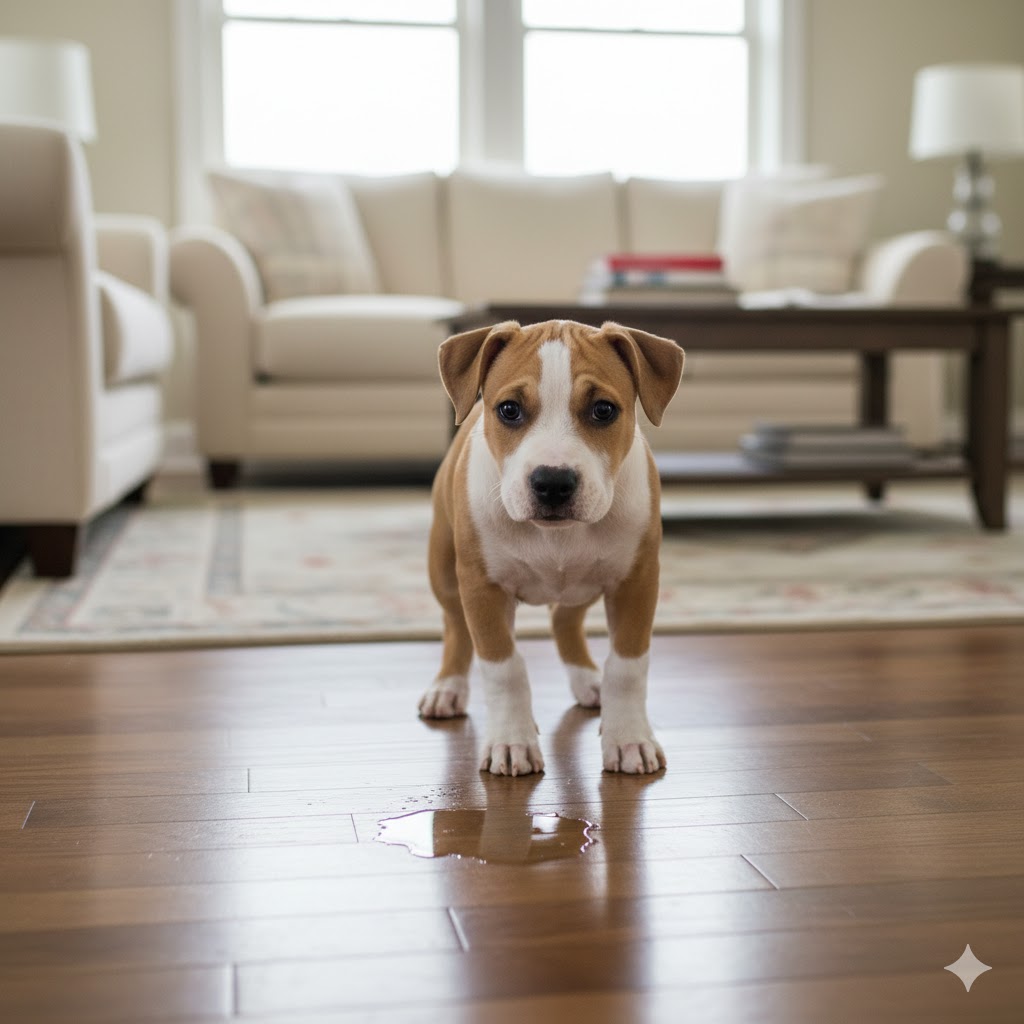 un chiot qui urine dans le salon d'une maison, il n'as pas réussi à ce retenir